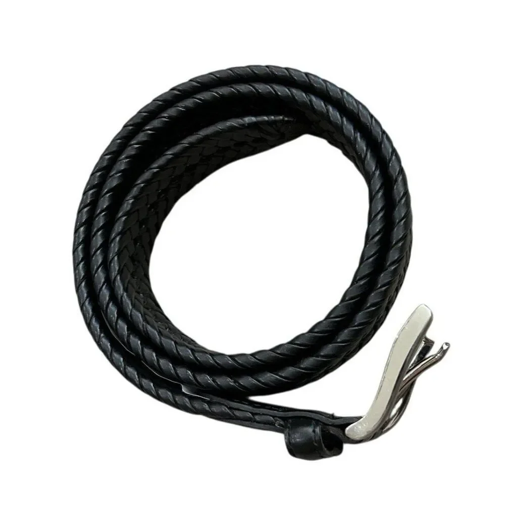 Mens Small 32 Black Braided Imitation Leather Belt Silver Tone Buckle